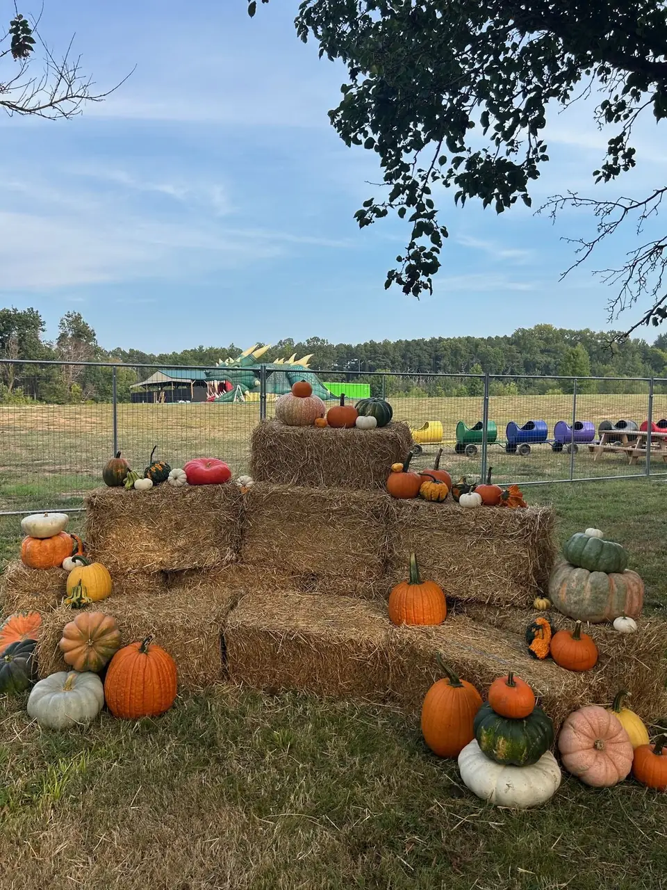 Hay bales stacked with pumpkins and gourds