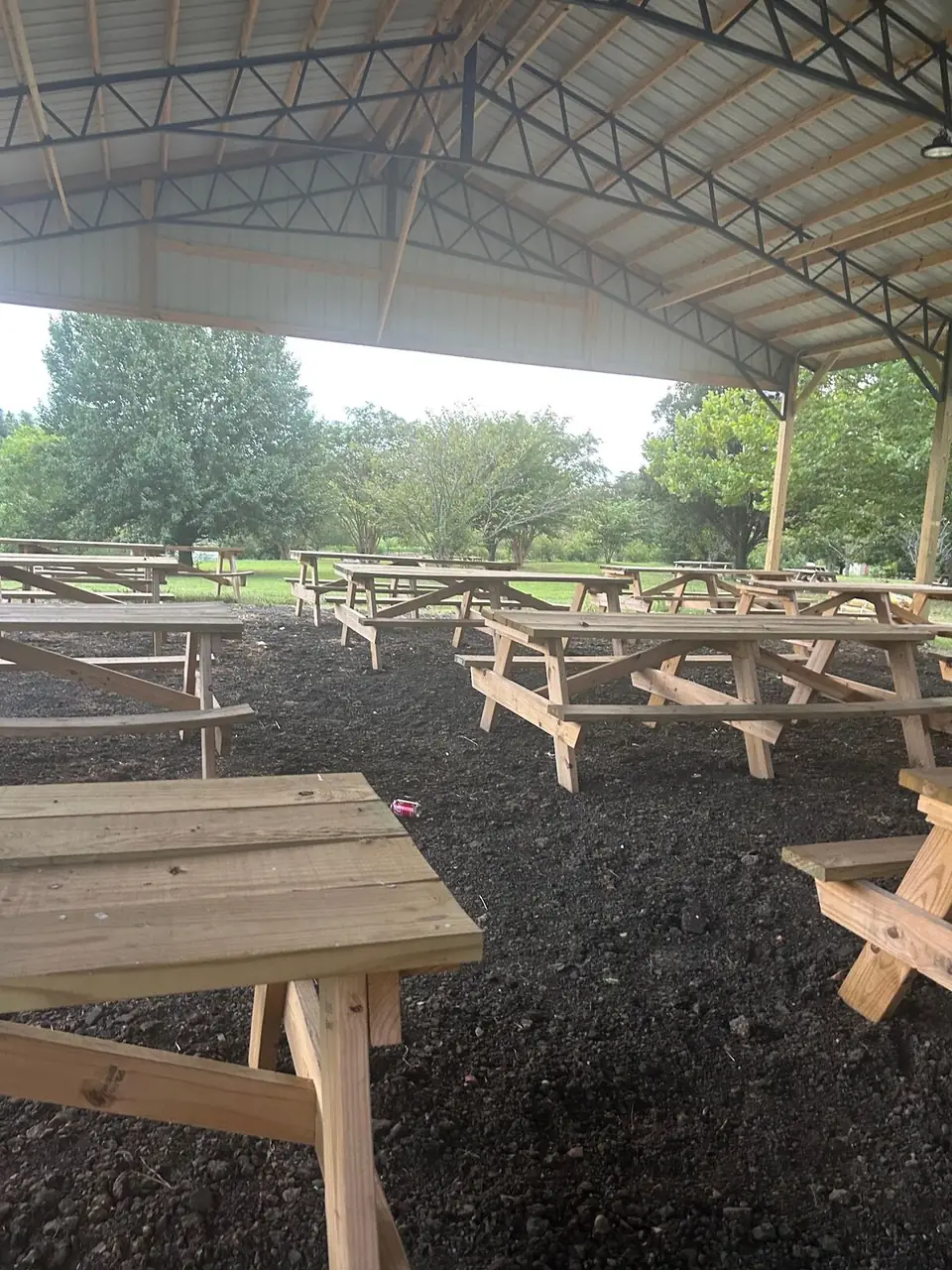 Empty picnic tables under the covered pavilion