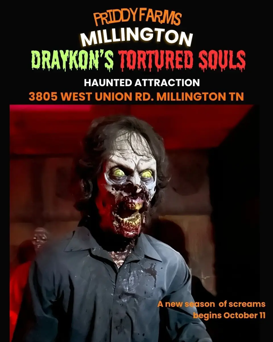 Poster for the Draykon's Tortured Souls haunted attraction at 3805 West Union Rd., Millington TN